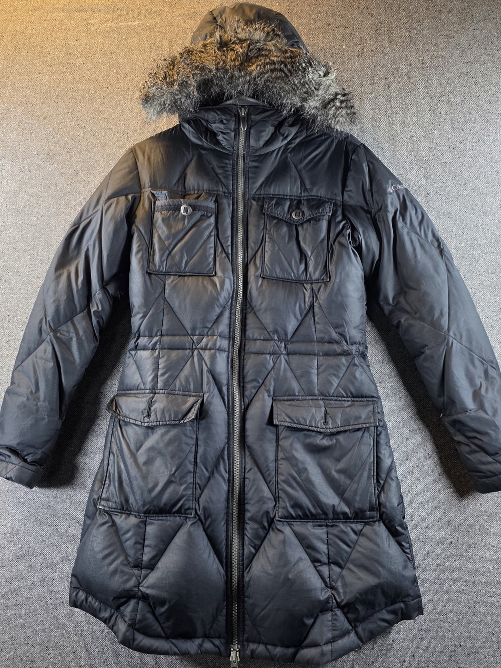 Columbia Women's Small Long Down Parka Black Faux Fur Hood Omni-Shield Coat
